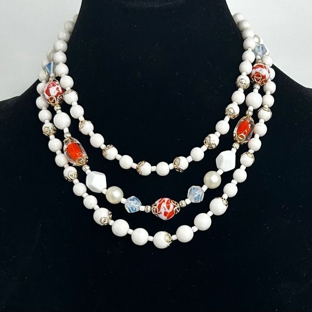 Vintage 1950's Japan Beaded Necklace 14"-18" White Orange 3-Strand Art-glass